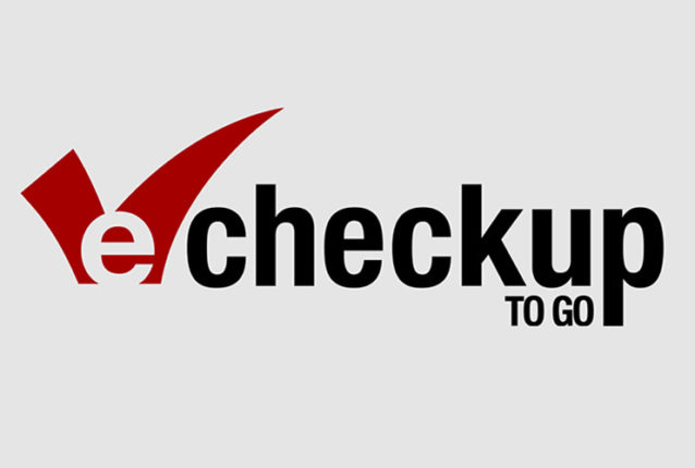 A logo for Echeckup to go. It has black text against a grey background with a red coloured tick mark.