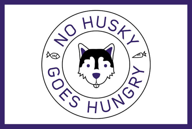 A purple logo for No Husky Goes Hungry with purple text and a husky graphic against a white background.