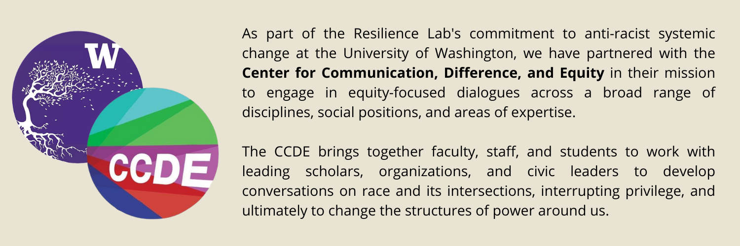 A banner for RL/CCDE Collaboration. It has black text against a beige background and the logos of Resilience Lab and CCDE.