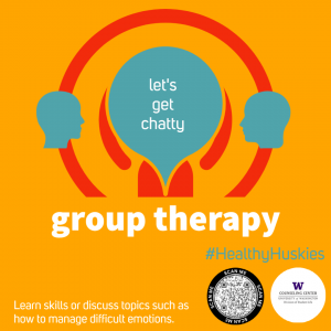 A mostly orange and blue graphic of two heads facing each other with a thought bubble in between them. The text reads: Let's get chatty. Group therapy. #HealthyHuskies It also includes a QR codes and the Counseling Center logo.