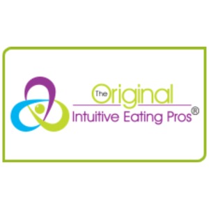 A green, purple and turquoise swirl logo surrounding a green dot in front of the words: The Original Intuitive Eating Pros.
