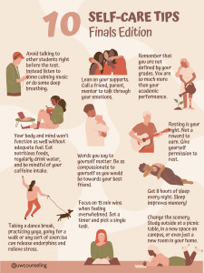 10 Self Care For Finals. Brown and Tan Image with 10 different types of self care. 1. Avoid talking to other students right before the test. Instead listen to some calming music or do some deep breathing 2. Lean on your supports. Call a friend, parent, mentor to talk through your emotions. 3. Remember that you are not defined by your grades. You are so much more important than your academic performance. Resting is your right. Not a reward. Give yourself permission to rest. Words you say to yourself matter. Be as compassionate to yourself as you would be toward your best friend. Your body and mind won't function without adequate fuel. Eat nutritious foods, regularly drink water, and be mindful of your caffeine intake. Taking a dance break, practicing yoga, going for a walk or any sort of exercise can release endorphins and relieve stress. Focus on 15 minutes wins when you are feeling overwhelmed. Set a timer and pick a single task.