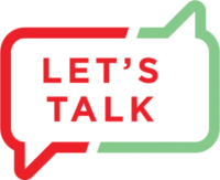 A red and green logo of two conversation boxes joined together. Red text in between them reads: LET'S TALK.