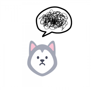 Image of a Sad Husky with a thought speech bubble with lines that reflect confusion 