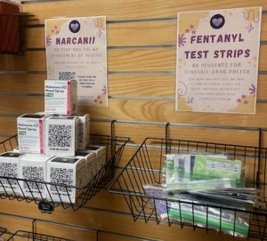 Narcan and Fentanyl Test Strips in a Basket in Room 101