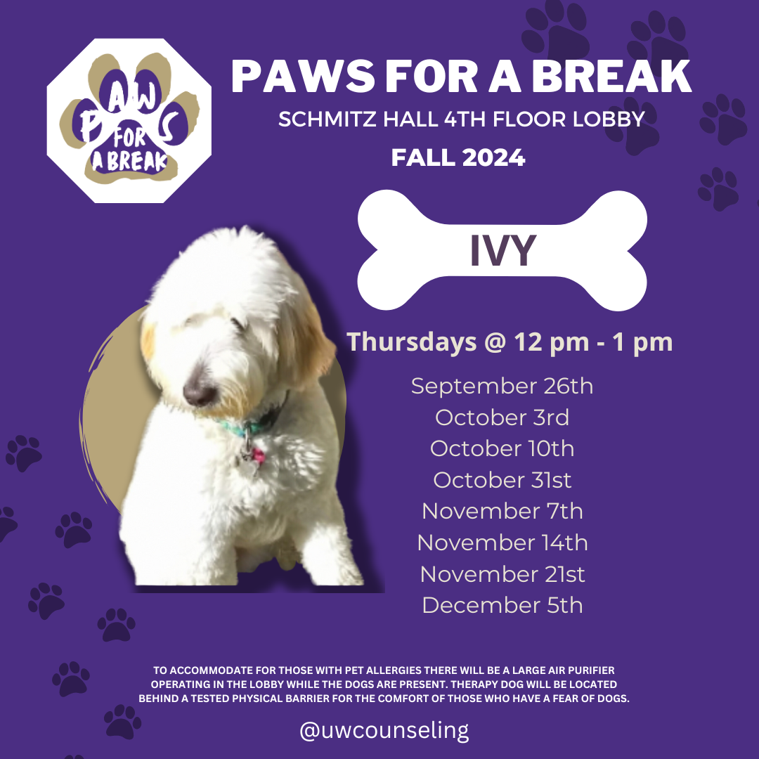 Image of Ivy the therapy dog available at Schmitz Hall

9/26
10/3
10/10
 (We will be OUT 10/17 and 10/24)
10/31--will confirm availability
11/7
11/14
11/21
12/5

from 12-1