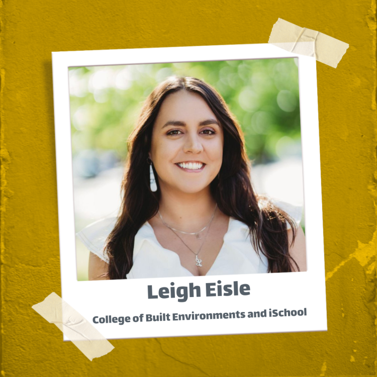 An image of Leigh Eisele - College of Built Environments and iSchool in nature with a white short sleeve shirt.
