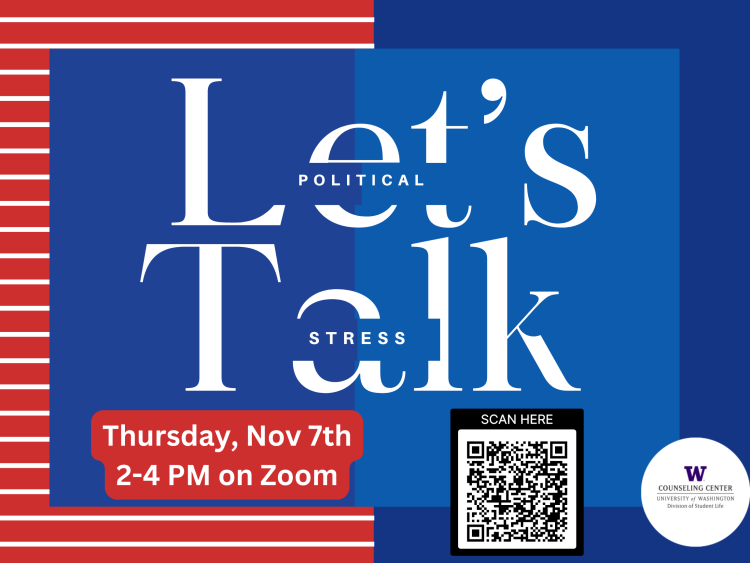 Join for Political STress Let's Talk Thursday, Nov 7th from 2-4 on Zoom. Scan QR to register