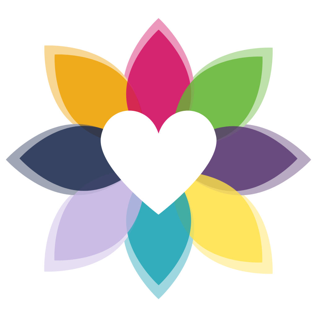 LiveWell Services Logo - flower shaped with a heart in the middle and rainbow petals