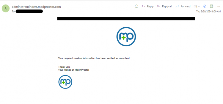 An example of the email students will receive if their record has been verified as compliant.