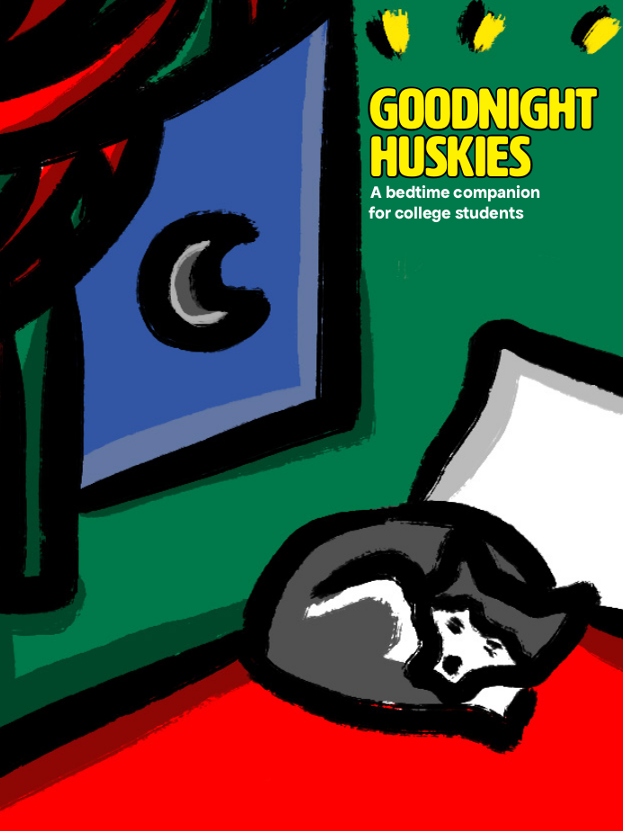 Goodnight Huskies Booklet image cover of a sleeping husky on the bed