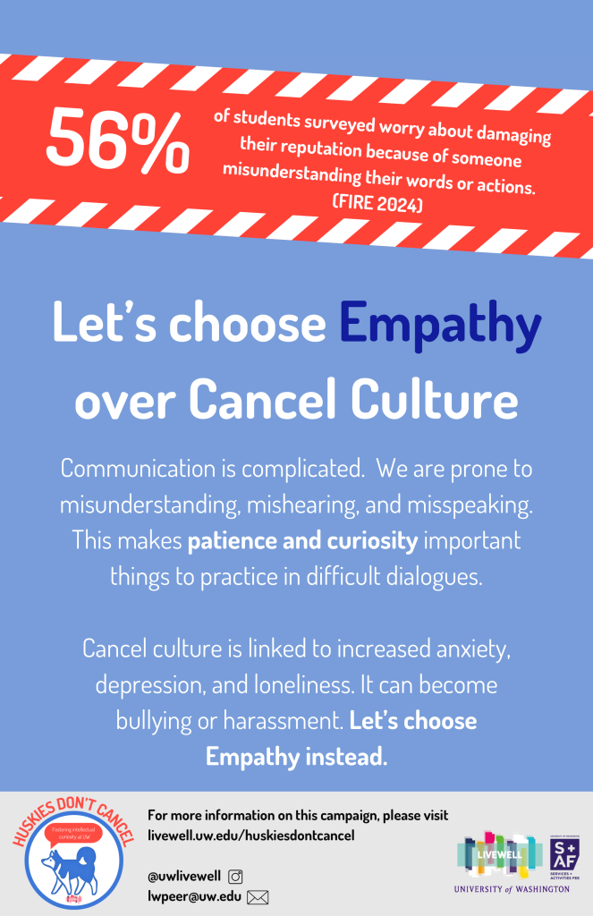 Example Huskies Don't Cancel poster notes "Let's choose empathy over cancel culture."