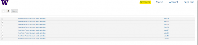 A screenshot depicting many messages from Med+Proctor. The Messages tab is highlighted. 