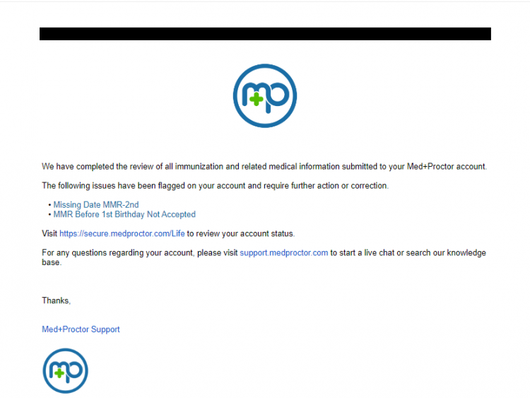 Screenshot that shows what the messages look like, including the reason a student's records were rejected, such as "Missing Date MMR-2nd" and "MMR Before 1st Birthday Not Accepted". 