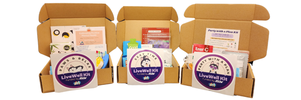 Three LiveWell kits that include various health and well-being supplies