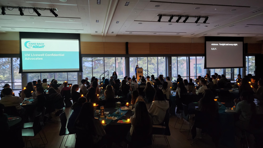 attendees at tables during candelight vigil at Take Back the Night