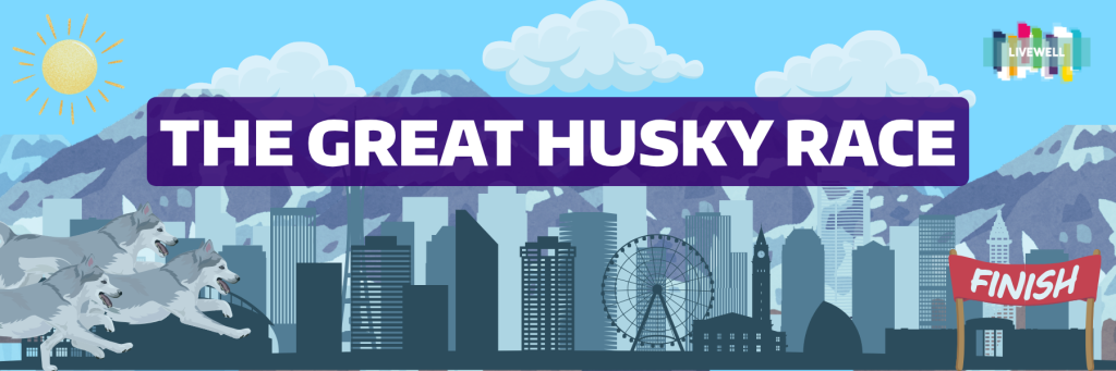 Decorative Image of Seattle with animated huskies running to a finish line