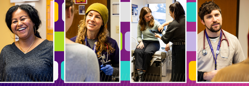 Four decorative images of Husky Health staff treating patients.