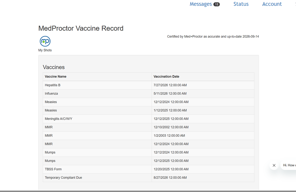 Med+Proctor Vaccine Record. To the right, there is a certification: Certified by Med+Proctor as accurate and up-to-date 2026-09-14. Listed below are several vaccines, including Hepatitis B, MMR, Meningitis, and flu. 