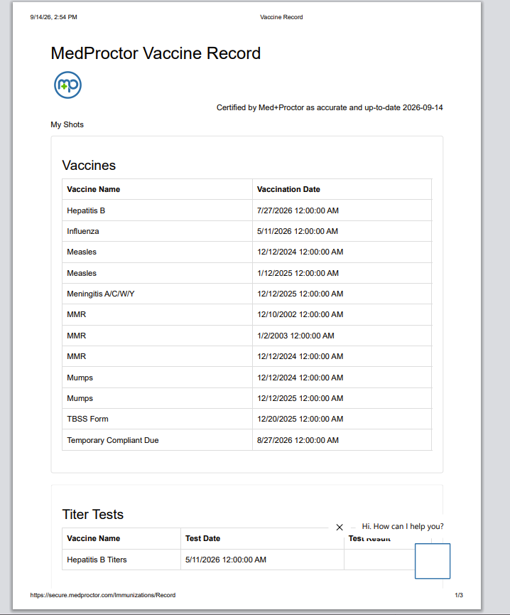 A PDF with the same vaccines and titers as listed as before, but in a printable/downloadable format. 
